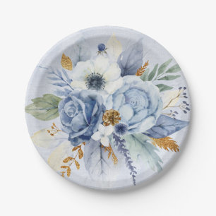 Dusty Blue Peony Rose Botanical Floral Wedding Paper Plate
