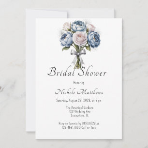 Dusty Blue Peony Rose & Glitter Bridal Shower Invitation
