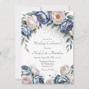 Dusty Blue Peony Rose & Glitter Wedding Invitation