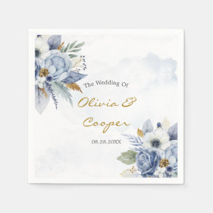 Dusty Blue Peony Roses Botanical Floral Wedding Na Napkin