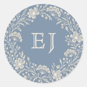 Dusty Blue Periwinkle Wildflower Monogram Envelope Classic Round Sticker