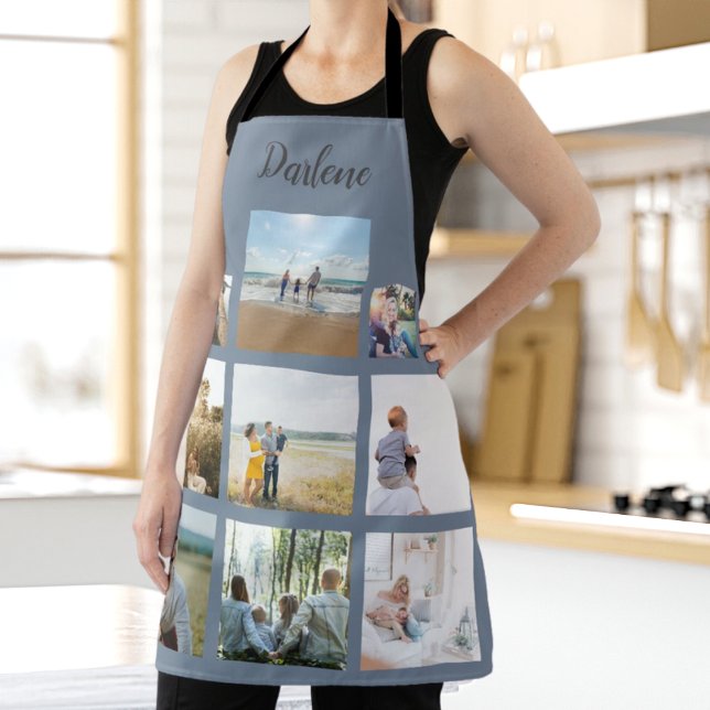 Dusty Blue Personalised Family Photo Collage Name Apron (Creator Uploaded)