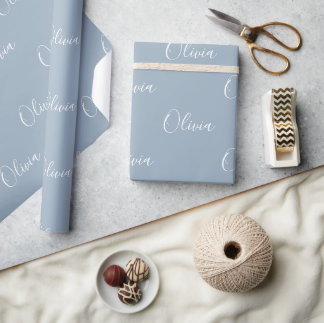 Dusty Blue Personalised Name Elegant Wrapping Paper