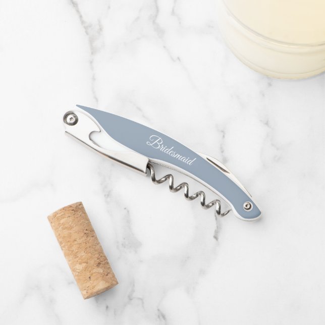 Dusty Blue Personalised Wedding Bridesmaid Corkscrew (Front)