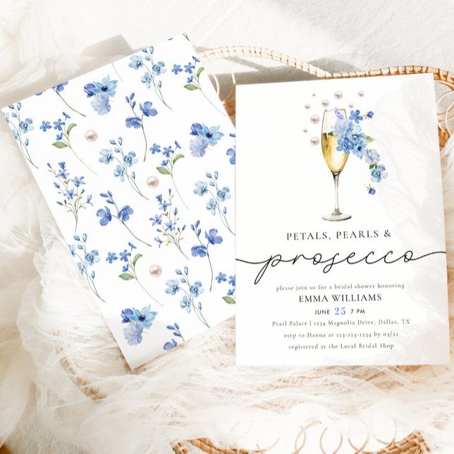Dusty Blue Petals Pearls & Prosecco Bridal Shower Invitation (Creator Uploaded)