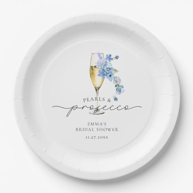 Dusty Blue Petals & Prosecco Bridal Shower Paper Plate (Front)