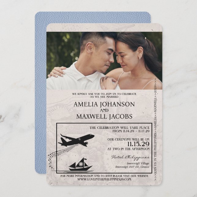 Dusty Blue Philippines Passport Wedding Invitation (Front/Back)