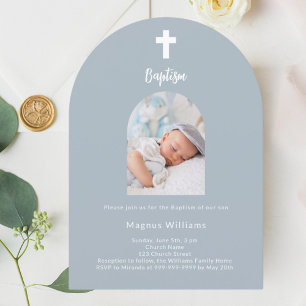 Dusty blue photo arch Baptism Invitation