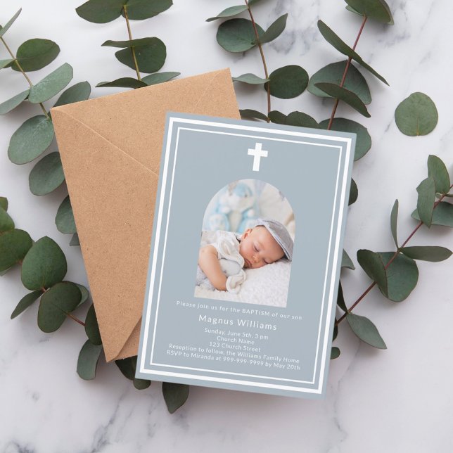 Dusty blue photo arch boy Baptism Invitation (Creator Uploaded)
