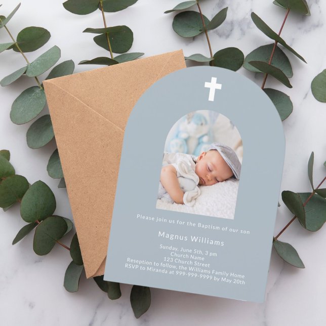 Dusty blue photo arch boy Baptism Invitation (Creator Uploaded)