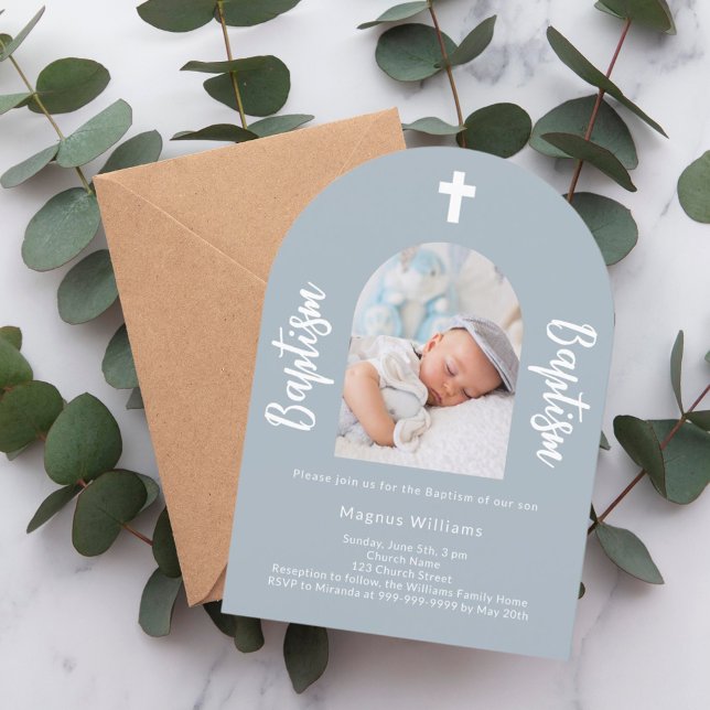 Dusty blue photo arch script boy Baptism Invitation (Creator Uploaded)