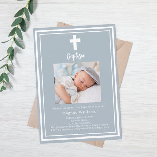 Dusty blue photo Baptism Invitation