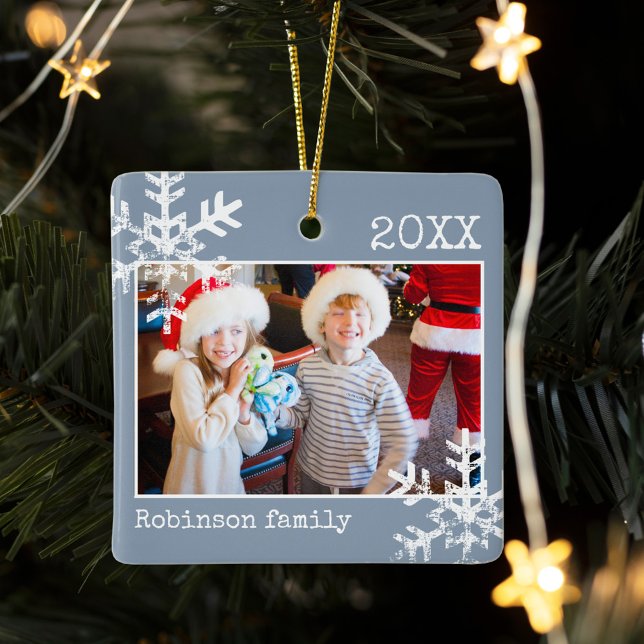 Dusty Blue Photo Border White Snowflakes Holiday Ceramic Ornament (Rustic snowflake family holiday keepsake photo ornament perfect for gifts to bring joy to others.)