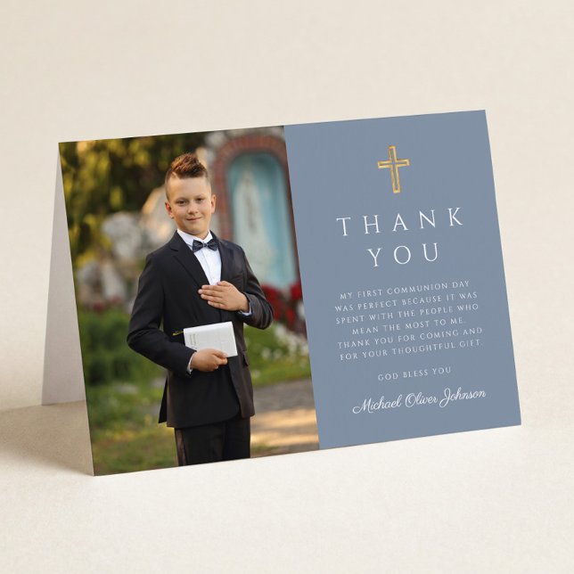 Dusty Blue Photo Boy First Communion Folded Thank You Card (Dusty Blue Photo Boy First Communion Folded Thank You Card)