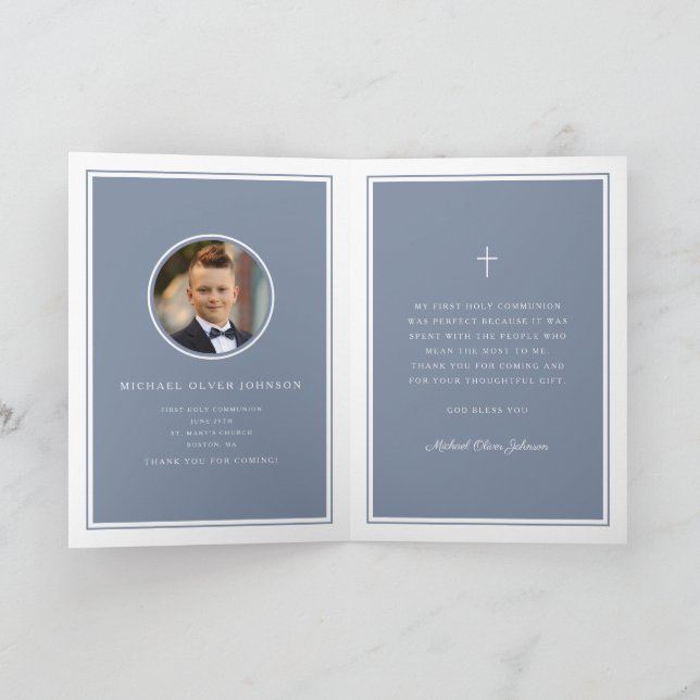 Dusty Blue Photo Boy First Communion Thank You Card (Inside)