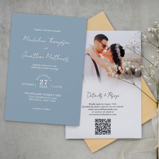 Dusty Blue Photo Budget Wedding QR Code Rsvp Invitation (Creator Uploaded)