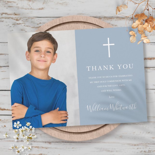 Dusty Blue Photo First Holy Communion Thank You Card (Creator Uploaded)