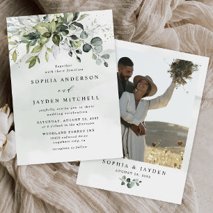 Dusty Blue Photo Greenery Airy Elegant Wedding  Invitation