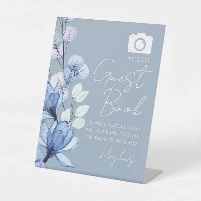 Dusty Blue Photo Guest Book Floral Wedding Pedestal Sign (Front)