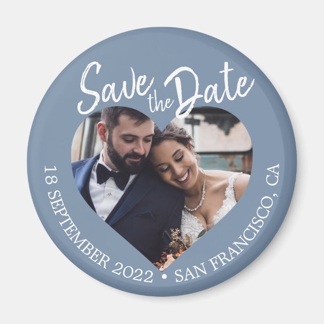 Dusty Blue Photo Modern Script Save the Date Magnet (Front)