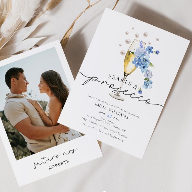 Dusty Blue Photo Pearls & Prosecco Bridal Shower Invitation (Creator Uploaded)