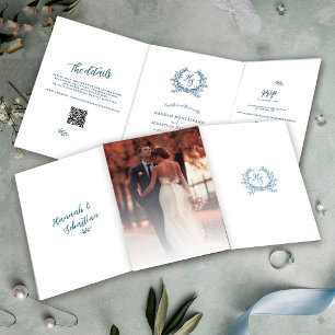 Dusty Blue Photo QR Code RSVP Wedding Details Tri-Fold Card