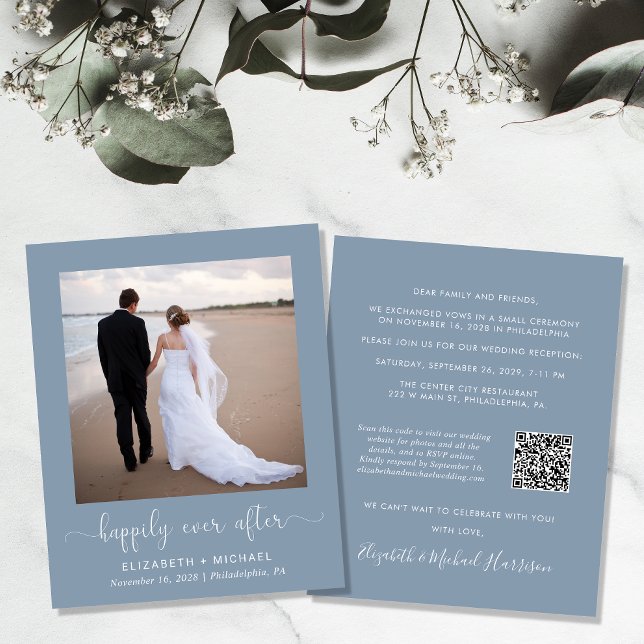 Dusty Blue Photo QR Code Wedding Reception Invite (Creator Uploaded)