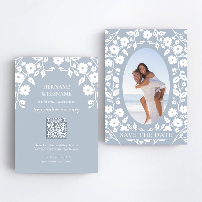 Dusty Blue Photo QR Website White Folk Floral Save The Date (Creator Uploaded)
