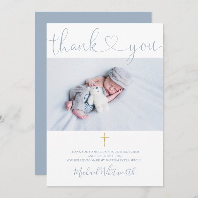 Dusty Blue Photo Signature Script Baptism Heart Thank You Card (Front/Back)