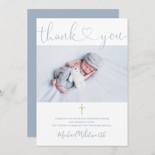 Dusty Blue Photo Signature Script Baptism Heart Thank You Card