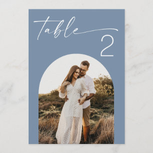 Dusty Blue Photo Table Number. Destination Wedding Invitation