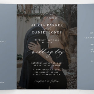 Dusty blue photo wedding RSVP details QR code Tri-Fold Invitation