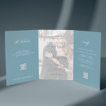 Dusty blue photo wedding RSVP details QR code  Tri-Fold Invitation<br><div class="desc">Modern simple minimal elegant typography trendy dusty blue all in one trifold budget wedding invitation template with 2 photos, rsvp and details with scanning QR codes featuring a chic trendy calligraphy script and transparent photo overlay. Easy to personalise with one or two custom photos (you can upload the same photo...</div>