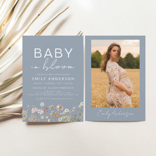 Dusty Blue Photo Wildflower Baby in Bloom Shower Invitation