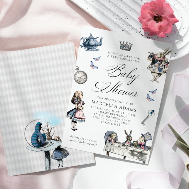 Dusty Blue & Pink Alice In Wonderland Baby Shower Invitation (Creator Uploaded)