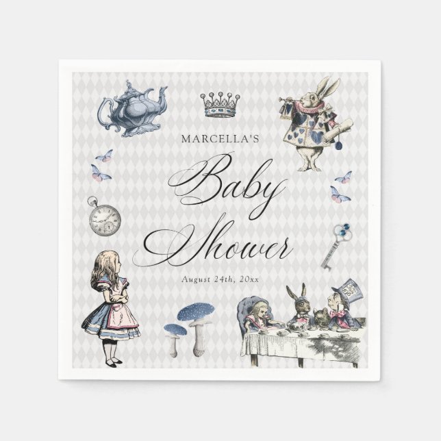 Dusty Blue & Pink Alice In Wonderland Baby Shower Napkin (Front)