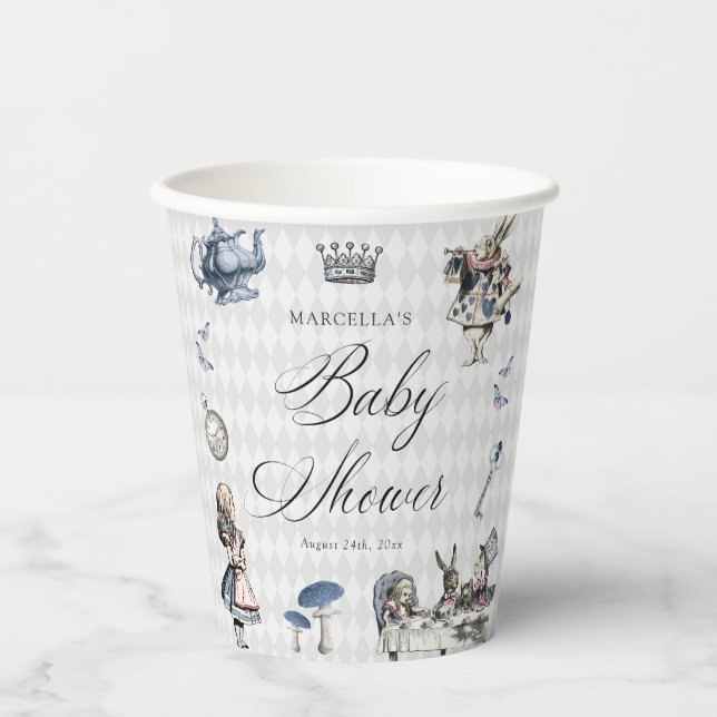 Dusty Blue & Pink Alice In Wonderland Baby Shower Paper Cups (Front)