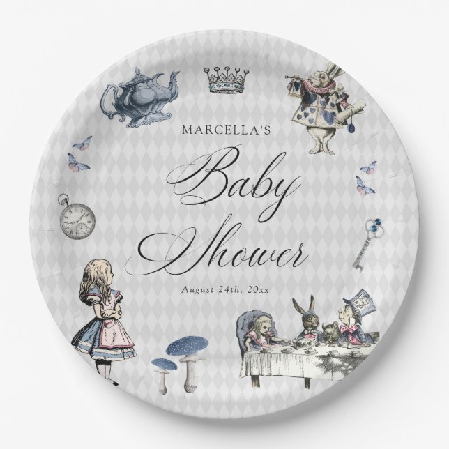 Dusty Blue & Pink Alice In Wonderland Baby Shower Paper Plate (Front)