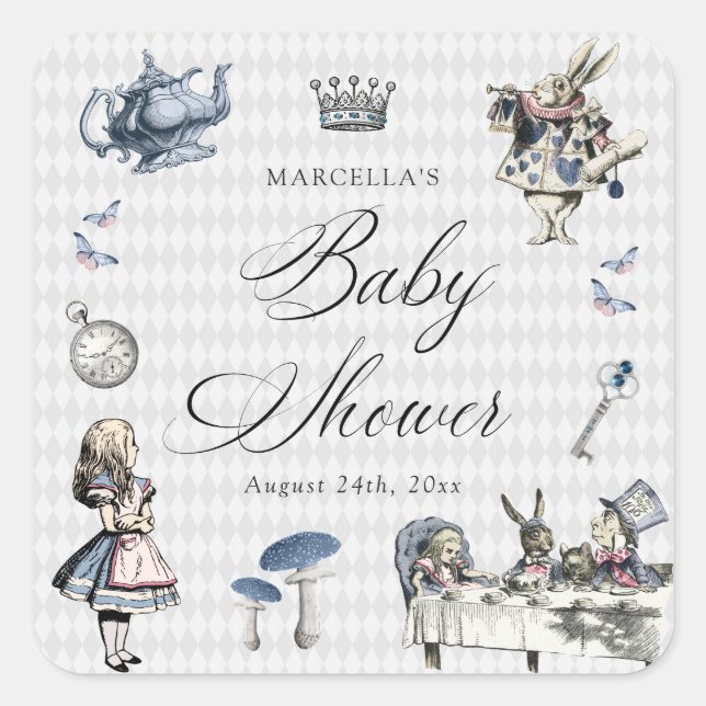 Dusty Blue & Pink Alice In Wonderland Baby Shower Square Sticker (Front)
