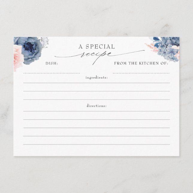 Dusty Blue Pink and Navy Elegant Recipe Cards (Front)