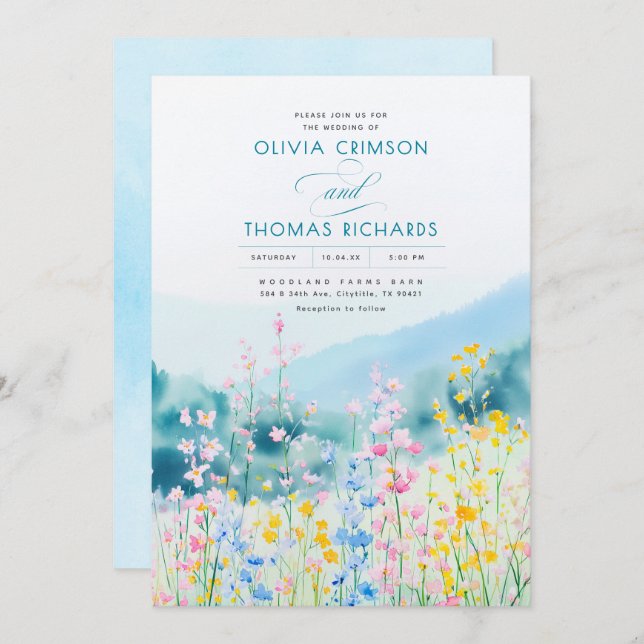 Dusty Blue Pink and Yellow Wildflowers Wedding Invitation (Front/Back)
