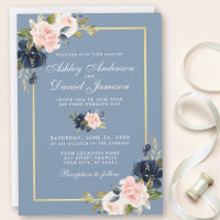 Dusty Blue Pink Blush Floral Gold Frame Wedding