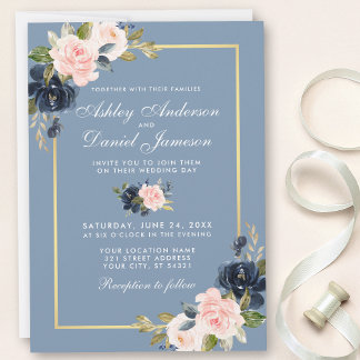Dusty Blue Pink Blush Floral Gold Frame Wedding Invitation