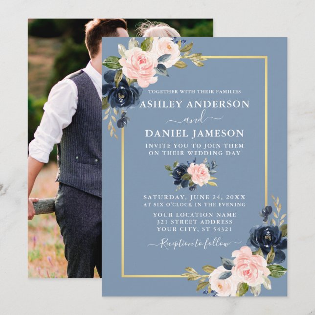 Dusty Blue Pink Blush Floral Gold Photo Wedding Invitation (Front/Back)