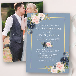Dusty Blue Pink Blush Floral Gold Photo Wedding Invitation