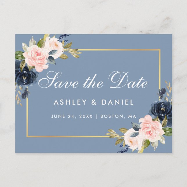 Dusty Blue Pink Blush Floral Gold Save the Date Announcement Postcard (Front)