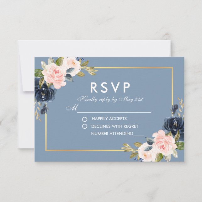 Dusty Blue Pink Blush Floral Gold Wedding RSVP Card (Front)