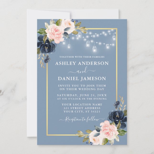 Dusty Blue Pink Blush Floral Jar Lights Wedding Invitation (Front)