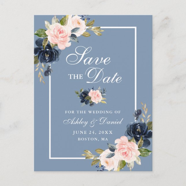 Dusty Blue Pink Blush Floral Save the Date Announcement Postcard (Front)
