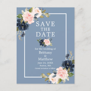 Dusty Blue Pink Blush Floral Save the Date Postcard